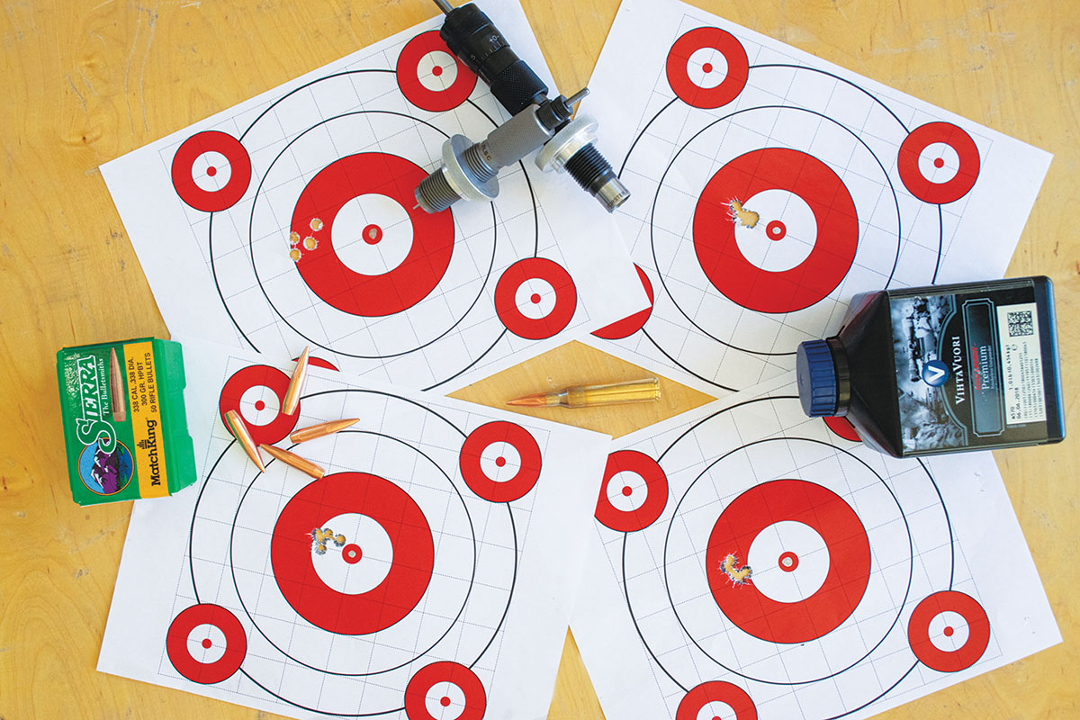 To check the consistency of not only the reloading process but what the  rifle was capable of, four groups of five shots were fired at separate targets due to shifting winds and the groups averaged out to .62 inch. Impressive consistency and a testament to the reloading process and the capability  of the rifle.